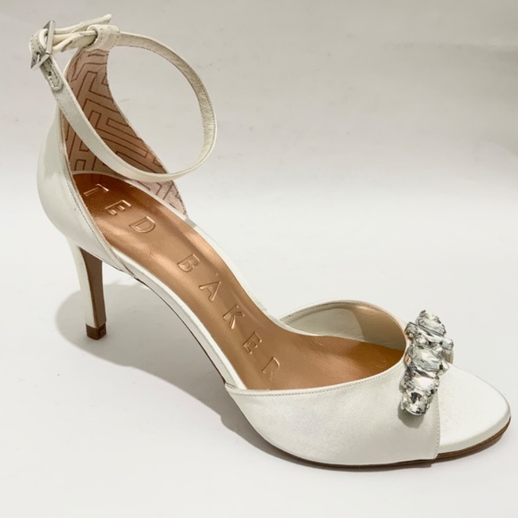 Ted Baker Gleamy Crystal Embellished White Satin Sandals Open Toe Evening Shoes - Picture 7 of 10